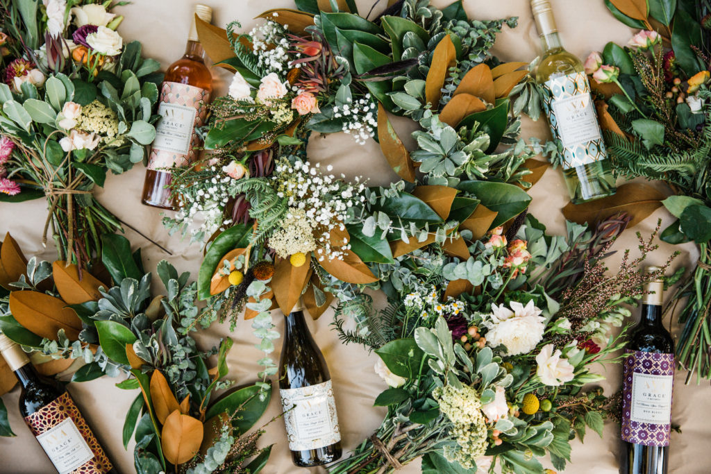 Wreaths with AVA Grace wine bottles